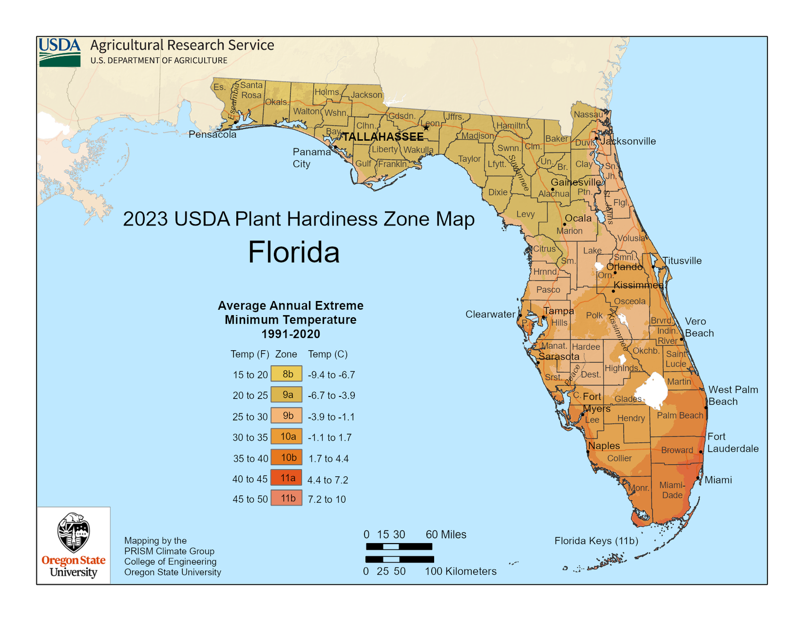2023 USDA Plant Hardiness Zone Map for Florida showing zones 8b through 11b